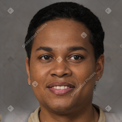 Joyful black young-adult male with short  black hair and brown eyes