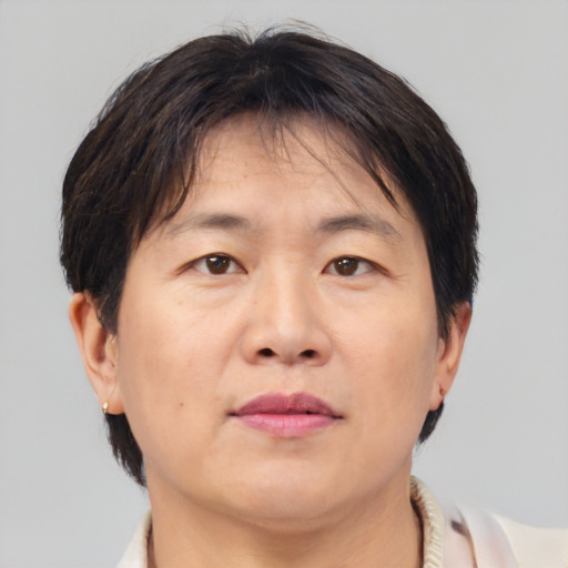 Neutral asian adult female with short  brown hair and brown eyes