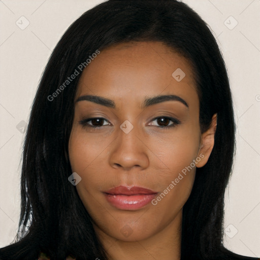 Joyful latino young-adult female with long  black hair and brown eyes