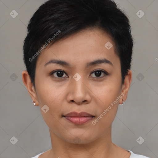 Joyful asian young-adult female with short  black hair and brown eyes