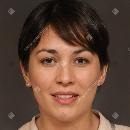 Joyful white young-adult female with medium  brown hair and brown eyes