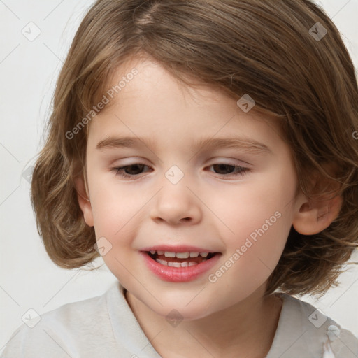 Joyful white child female with medium  brown hair and brown eyes