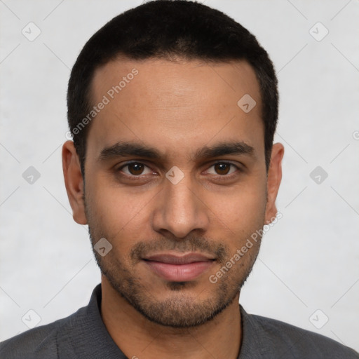 Neutral latino young-adult male with short  black hair and brown eyes