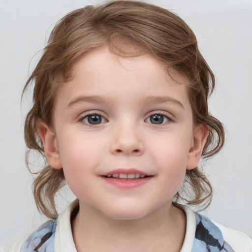 Joyful white child female with medium  brown hair and blue eyes