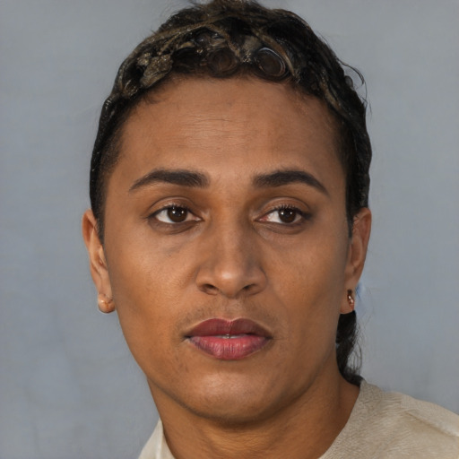 Neutral black adult female with short  brown hair and brown eyes