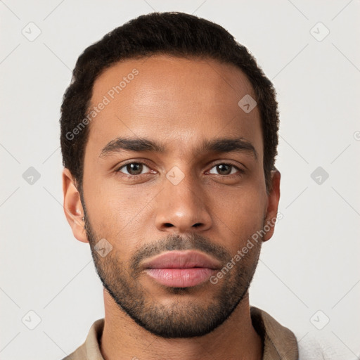 Neutral white young-adult male with short  brown hair and brown eyes