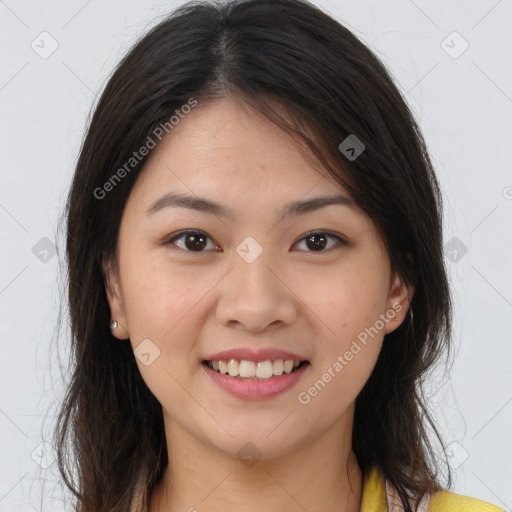 Joyful white young-adult female with long  brown hair and brown eyes