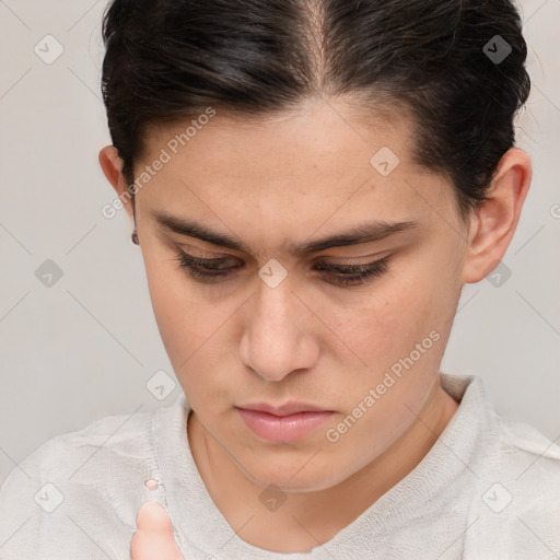 Joyful white young-adult female with short  brown hair and brown eyes