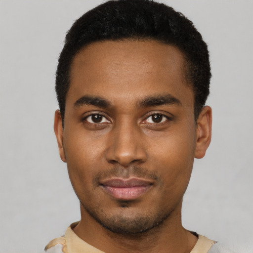 Neutral black young-adult male with short  black hair and brown eyes
