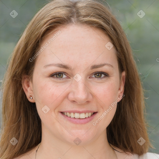 Joyful white young-adult female with medium  brown hair and green eyes