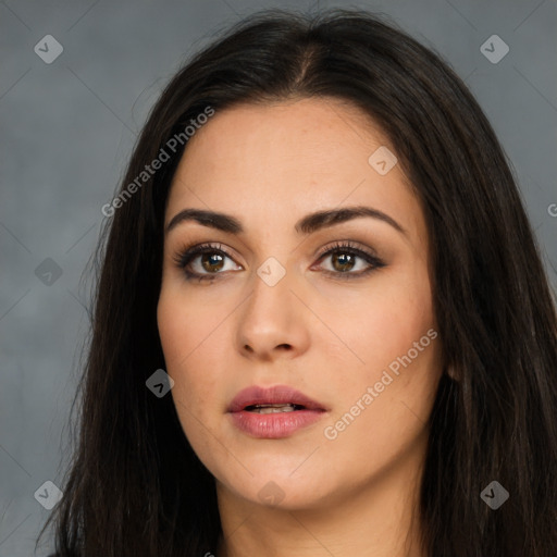 Neutral white young-adult female with long  brown hair and brown eyes