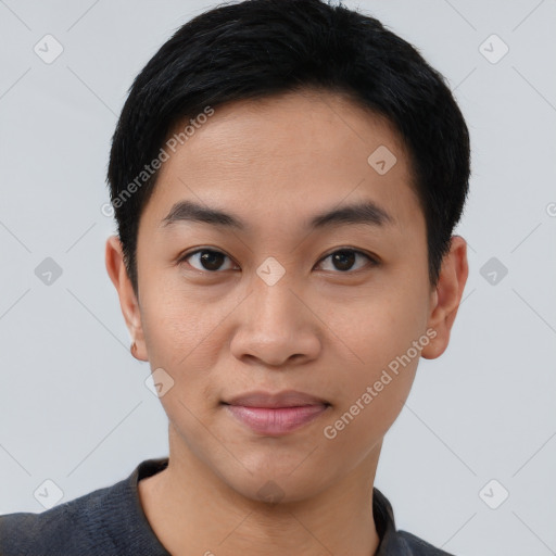 Joyful asian young-adult male with short  black hair and brown eyes