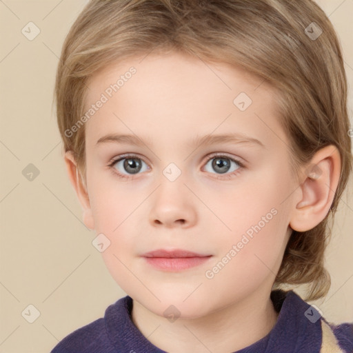 Neutral white child female with medium  brown hair and grey eyes