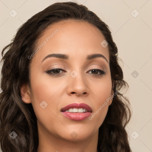 Joyful white young-adult female with long  brown hair and brown eyes