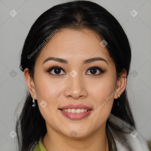 Joyful asian young-adult female with medium  black hair and brown eyes