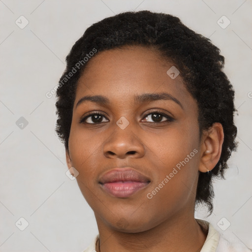 Neutral black young-adult female with short  black hair and brown eyes