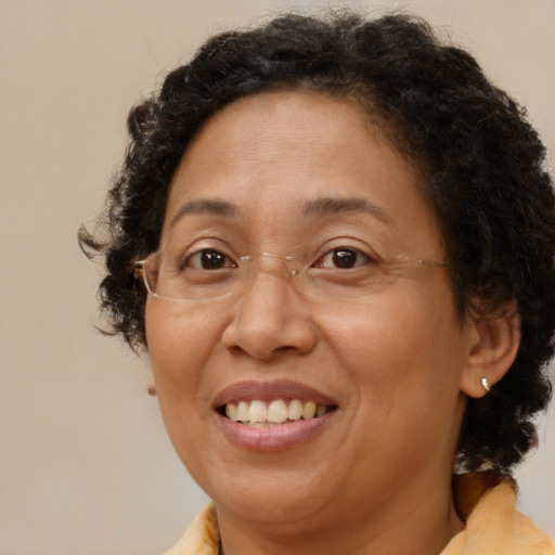 Joyful latino adult female with medium  brown hair and brown eyes
