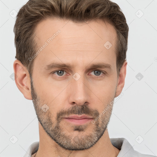 Neutral white adult male with short  brown hair and brown eyes