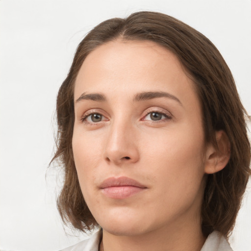 Neutral white young-adult female with medium  brown hair and grey eyes