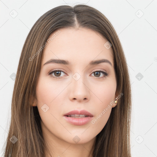 Neutral white young-adult female with long  brown hair and brown eyes