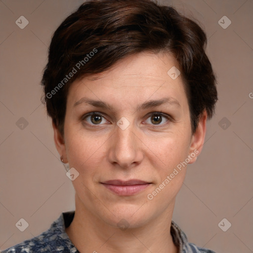 Joyful white adult female with short  brown hair and brown eyes