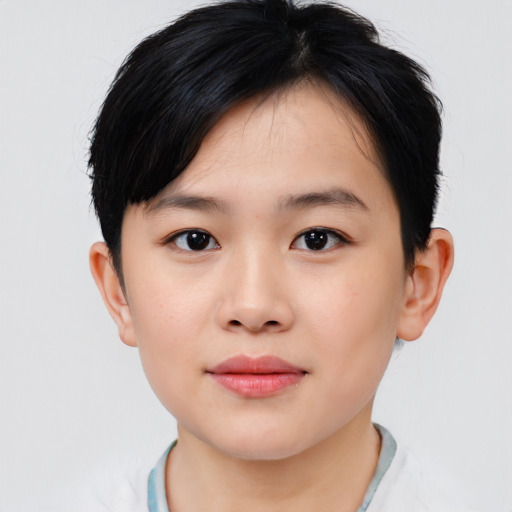 Neutral asian young-adult female with short  brown hair and brown eyes