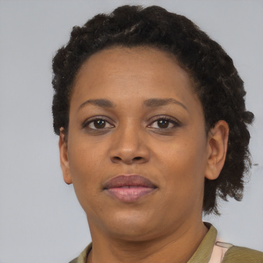 Neutral black adult female with short  brown hair and brown eyes