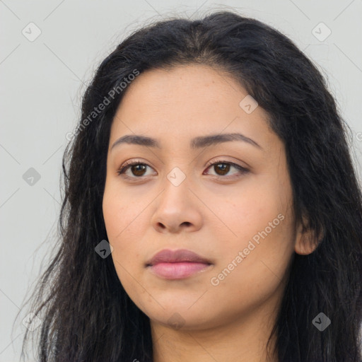 Neutral asian young-adult female with long  black hair and brown eyes