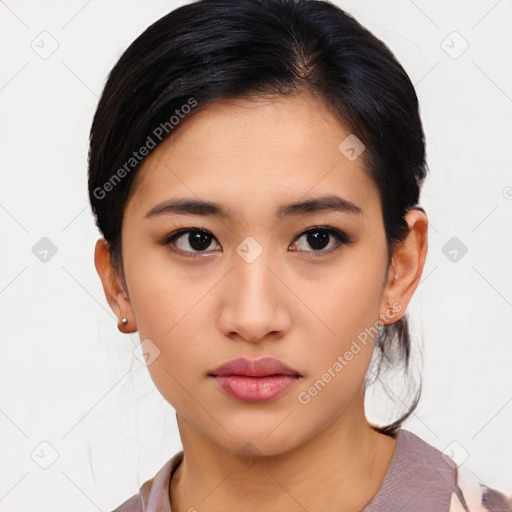 Neutral asian young-adult female with medium  black hair and brown eyes