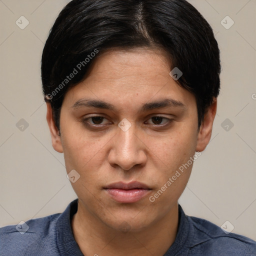 Joyful white young-adult female with short  black hair and brown eyes