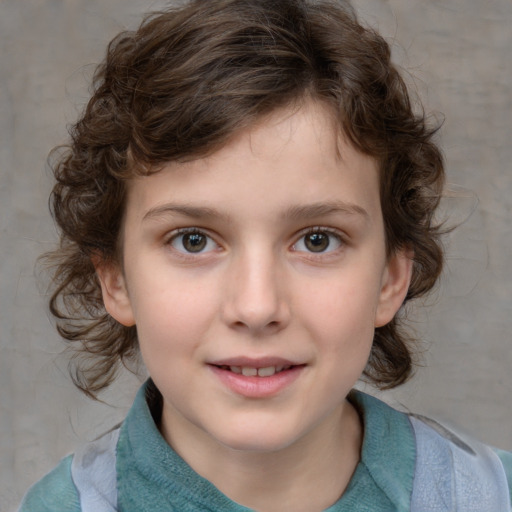 Joyful white child female with medium  brown hair and blue eyes