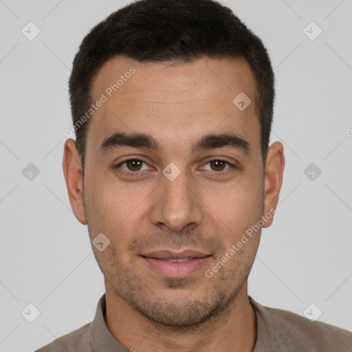 Joyful white young-adult male with short  brown hair and brown eyes