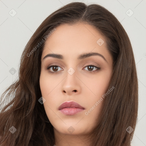 Neutral white young-adult female with long  brown hair and brown eyes