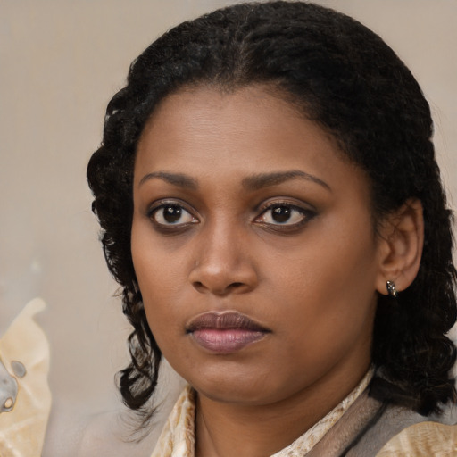 Neutral black young-adult female with medium  black hair and brown eyes