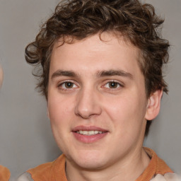 Joyful white young-adult male with medium  brown hair and brown eyes