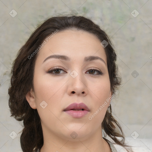 Neutral white young-adult female with medium  brown hair and brown eyes