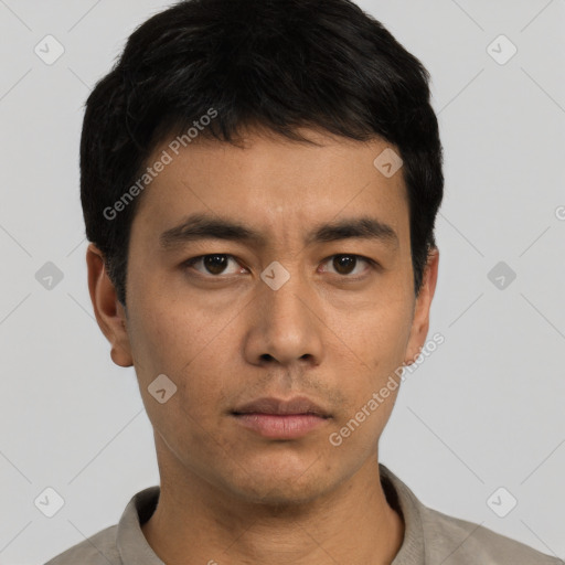 Neutral asian young-adult male with short  black hair and brown eyes