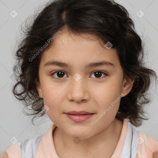 Joyful white child female with medium  brown hair and brown eyes