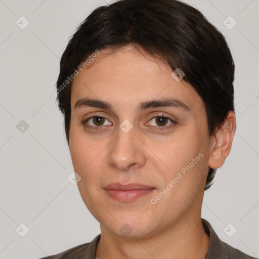 Joyful white young-adult female with short  brown hair and brown eyes