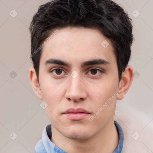 Neutral white young-adult male with short  brown hair and brown eyes