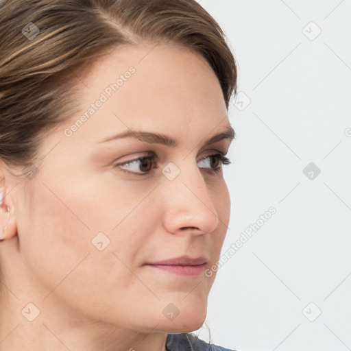 Neutral white young-adult female with medium  brown hair and grey eyes