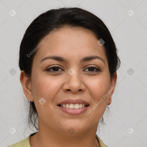 Joyful latino young-adult female with short  brown hair and brown eyes