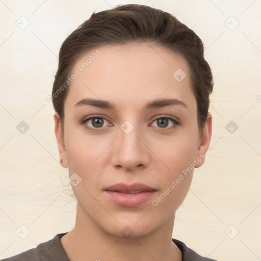 Neutral white young-adult female with short  brown hair and brown eyes