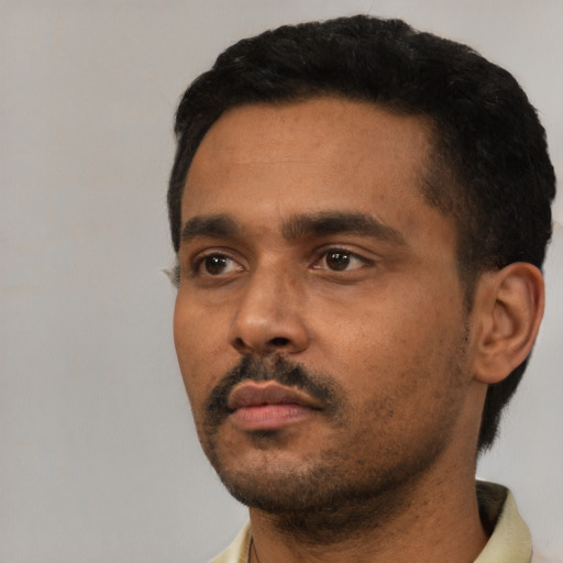 Neutral black young-adult male with short  black hair and brown eyes