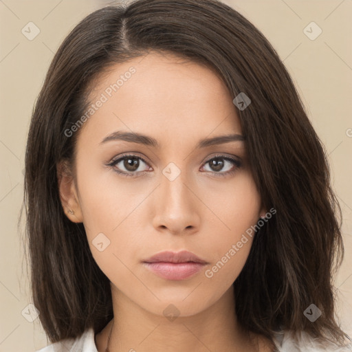 Neutral white young-adult female with medium  brown hair and brown eyes