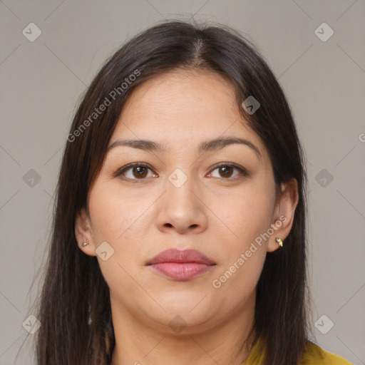 Neutral white young-adult female with medium  brown hair and brown eyes