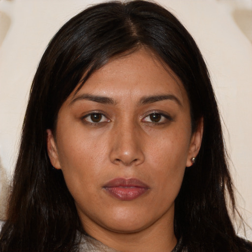 Neutral asian young-adult female with long  brown hair and brown eyes