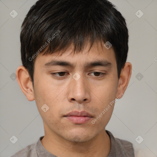 Neutral asian young-adult male with short  brown hair and brown eyes
