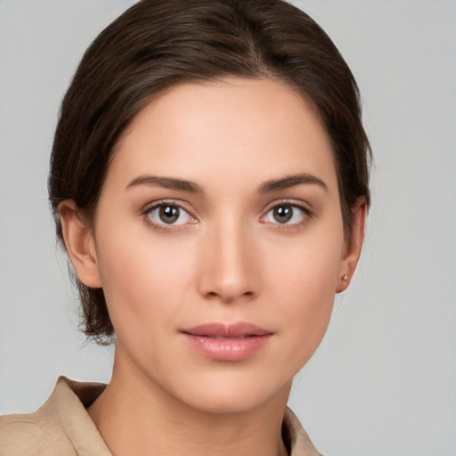 Neutral white young-adult female with medium  brown hair and brown eyes