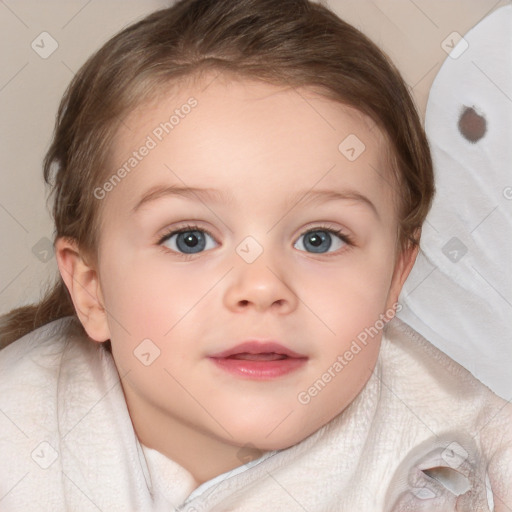 Joyful white child female with medium  brown hair and blue eyes